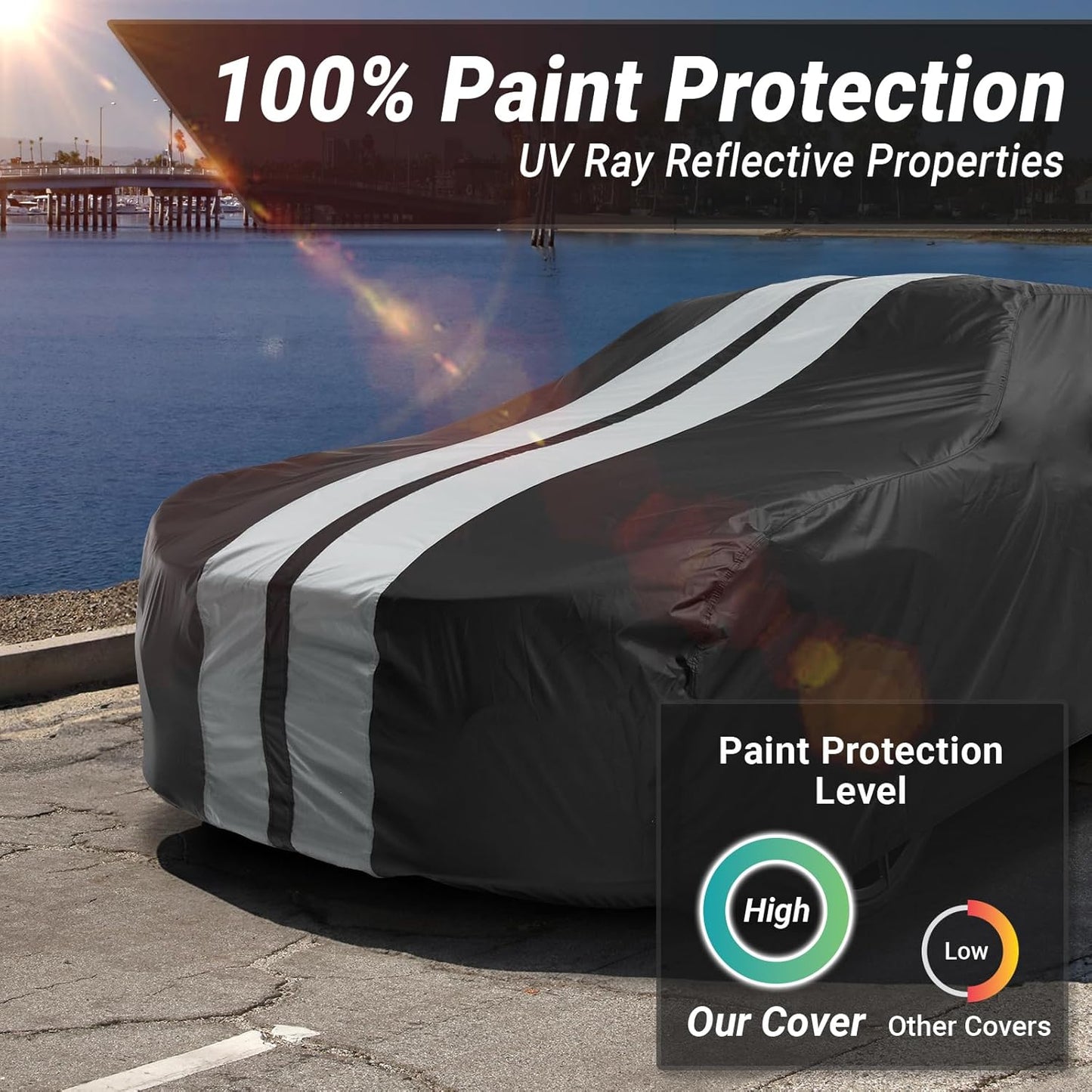 iCarCover Custom Car Cover for Pontiac Lemans 2-Door, 4-Door (1970-1972) Waterproof All-Weather Rain Snow UV Sun Protector Full Exterior Indoor Outdoor Car Cover (Stripe - Black/Gray)