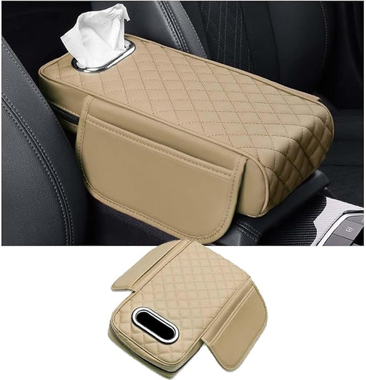 Car Center Console Armrest Pad for Lincoln, Leather Cover with Storage Pocket & Tissue Box Holder, Memory Foam Cushion for Aviator Standard SUV 2020-2025,Beige