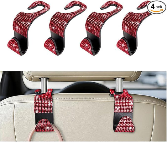 4PCS Bling Car Seat Headrest Hooks, Crystal Rhinestone Vehicle Back Seat Hanger Holder, Auto Interior Headrest Hanging Storage Organizer for Purse Handbag Coat, Universal Fit (Red)