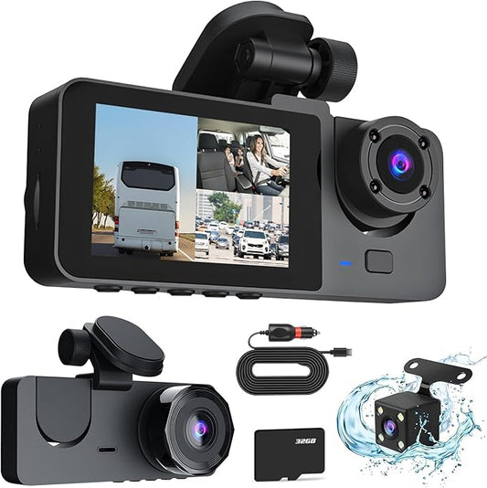 3 Channel Dash Cam Front and Rear Inside,1080P FHD Car Camera with 32G MMC Card, Night Vision, G-Sensor, Motion Detection, Parking Monitor, Loop Recording for Cars, SUVs, Trucks