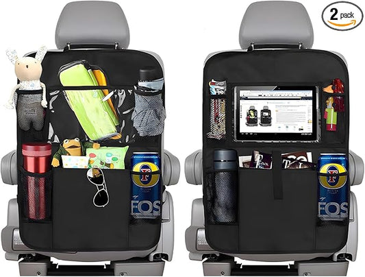 2PCS Car Backseat Organizer, Multi-Pocket Back Seat Protector with 10.2" Tablet Holder, Waterproof Oxford Fabric Storage Bag Auto Kick Mat for Kids Toddlers (B with Zipper)