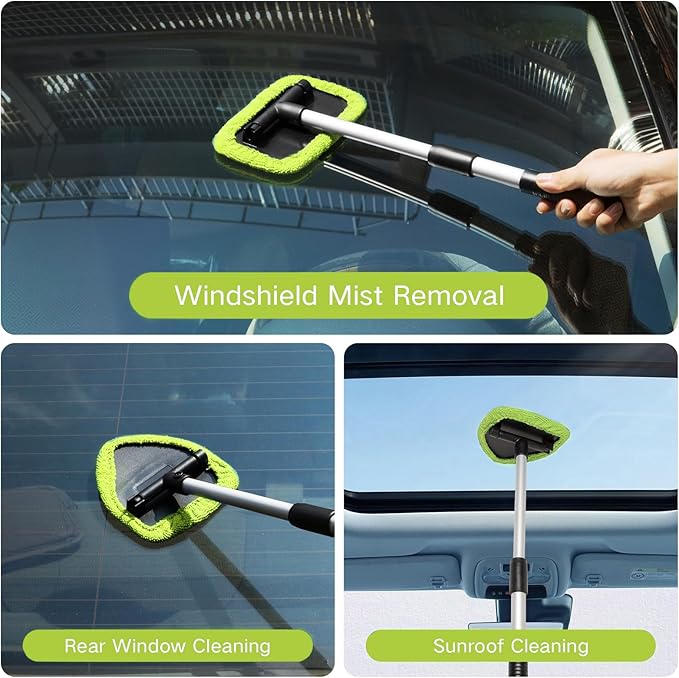 Qydipclin 10pcs Windshield Cleaner Tool, Car Window Cleaning Wash Kit with 4 Reusable Microfiber Pads 1 Spray Bottle and Extendable Handle Auto Glass Wiper Kit, Green