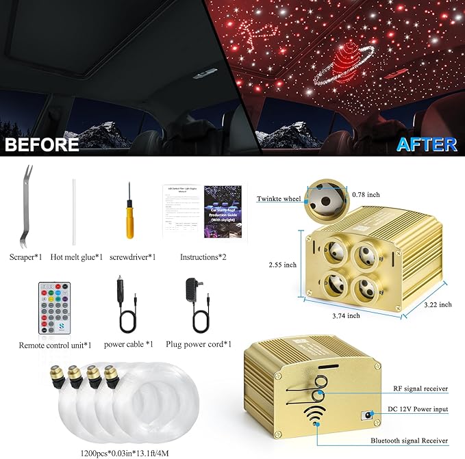 4 Colors 32W Twinkle Car Starlight Headliner Kit 1200pcs*0.03in*13.1ft with APP&RF Remote, RGBW Fiber Optic Ceiling Star Lights, 4 Port Engine Sound Activated Star Roof Lights for Car Home Theater