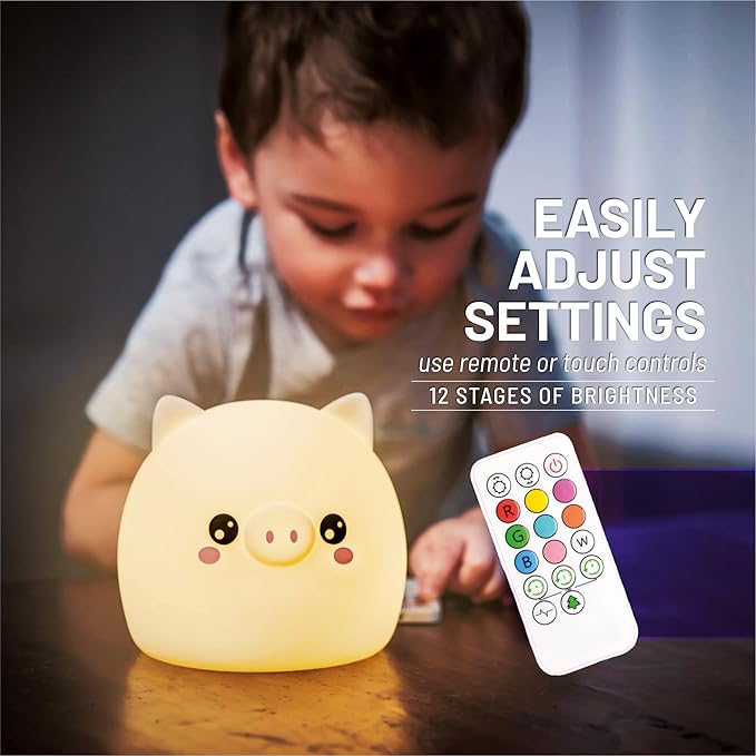 Lumipets Remote Control Silicone Night Light for Kids - Pig Design with 9 Soft Colors & Sleep Timer - Rechargeable, Battery-Operated Lamp for Bedroom | Baby Nursery, Toddler, Girls, Boys