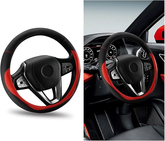 Car Steering Wheel Cover, Universal 15" Anti-Slip Auto Steering Wheel Protector for Men Women, Breathable Odor Free Leather Steering Wheel Car Accessories Fit Most Vehicles (Red)
