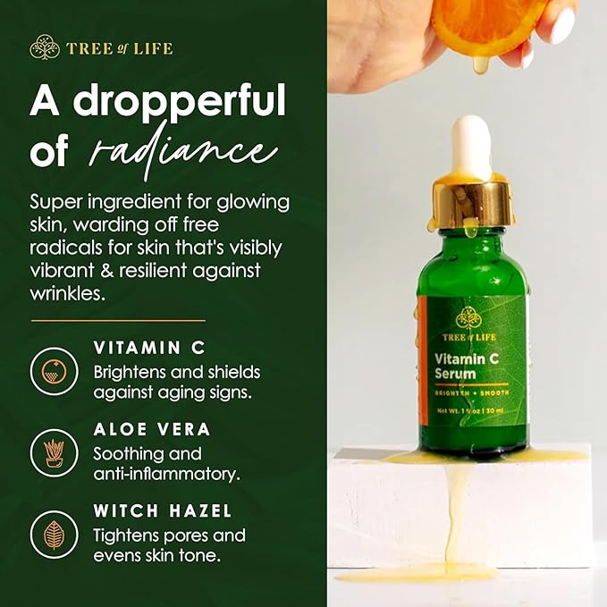 Tree of Life Beauty Facial Skin Care Set, Brightening, Firming, Hydrating, Dry Face, Dermatologist Tested - Vitamin C and Hyaluronic Acid Facial Serum - Skin Care Kit, 2 count of 1 Fl Oz