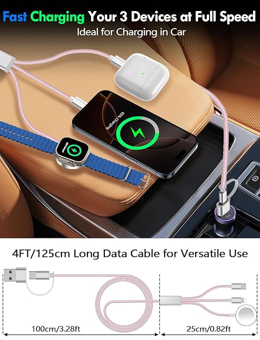 2Pack Multi Charging Cable Cord for Travel Essentials,Apple Watch Charger,iPhone Charger,[3-in-2] Type C/L Cable Portable Designed for iWatch,iPhone 17-8,Galaxy S26-21,AirPods,iPad-4FT Pink