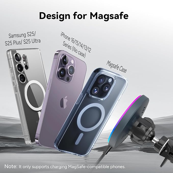 Lecork for Magsafe Car Mount Charger with Cigarette Lighter Adapter, Air Vent Magnetic Wireles Car Holder for iPhone 17Pro Max, iPhone 16 15 14 Series, Samsung S26 Ultra, Zinc Alloy, Black