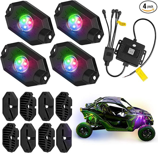 4 Pods RGB LED Rock Lights Kit, Underglow Multicolor Neon Light Pod with Bluetooth App Control, IP68 Waterproof High Brightness Dynamic Music Mode Wheel Well Light for Truck ATV UTV RZR SUV Golf Cart