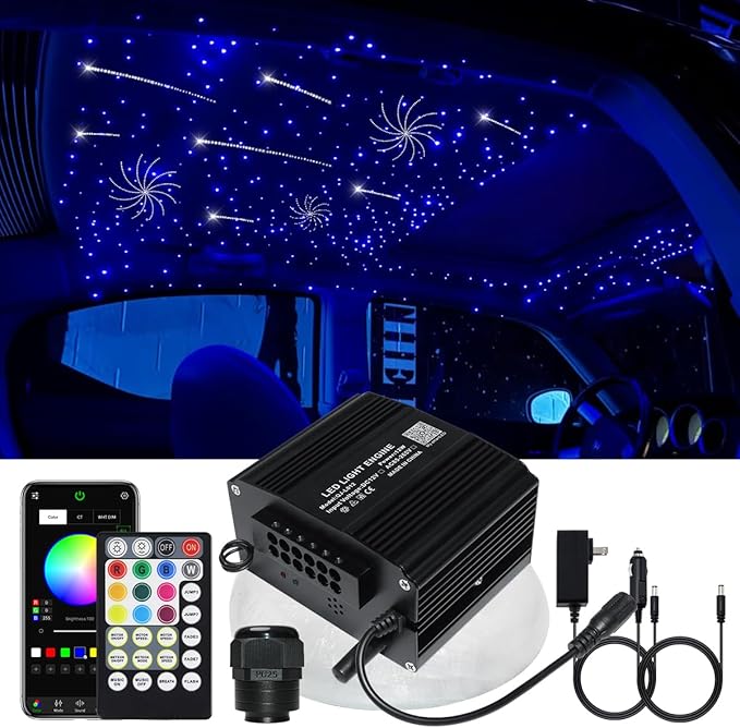 AZIMOM 2-in-1 Twinkle Meteor Fiber Optic Starlight Headliner 200pcs 0.3in 6.5ft Twinkle Stars+ 180pcs Shooting Star Sound Mode APP& Remote Control Starlight Meteor Kits for Car Home Ceiling