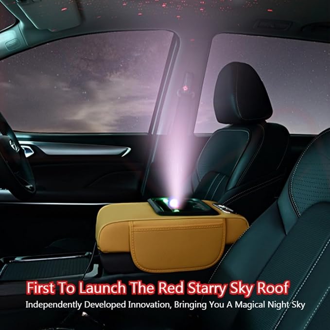 Car Armrest Pad Cover with Red Starry Sky LED Projection, Dual Type-C Charging Ports, Leather Car Center Console Cushion with Cup Holder, Tissue Holder (Red Starry Sky LED Projection, Coffee)