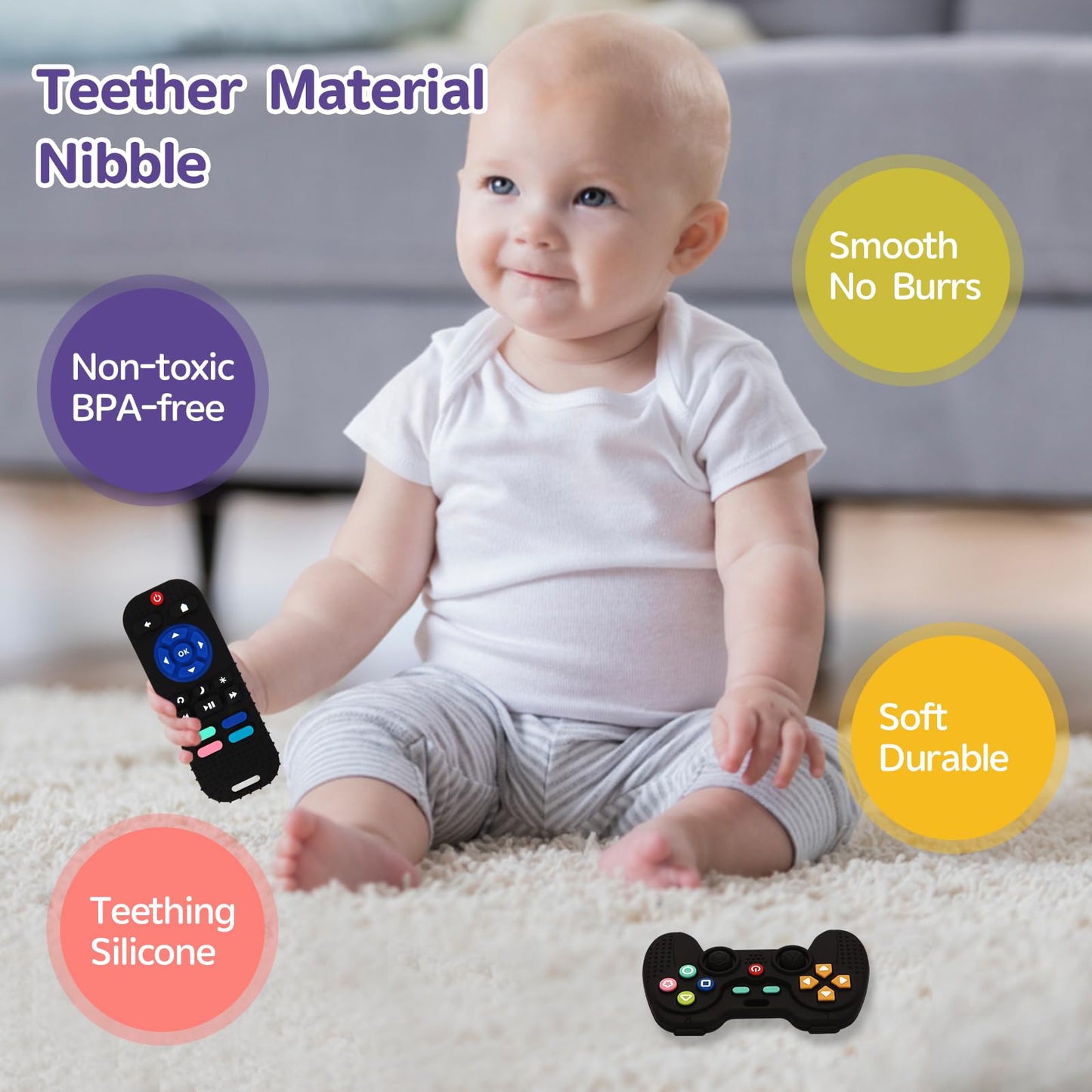 Hooku 2 Pack Silicone Teething Toys for Babies 0-6 Months, Teethers for Babies 6-12 Months, Remote Teether for Baby, Sensory Toys for Babies, Baby Chew Toys