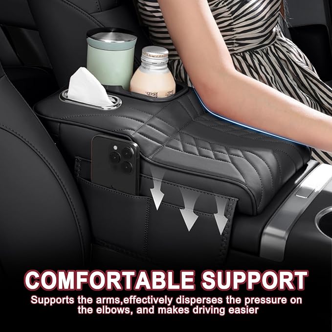 Car Armrest Storage Box for Infiniti QX60 2013–2025 2020 2021 2022 2023 2024, Sport-Style Center Console Organizer with Side Pocket, PU Leather Armrest Cushion, Elbow Support Pad,B White