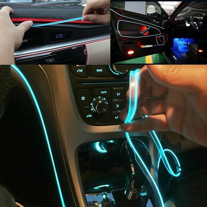Riloer El Wire Lights for Car, Interior Neon Lights Strip Car LED Strip Light Interior for Car Garden Party Decoration, Car Ambient Lighting Kits, 3m/9.8ft Ice Blue LED