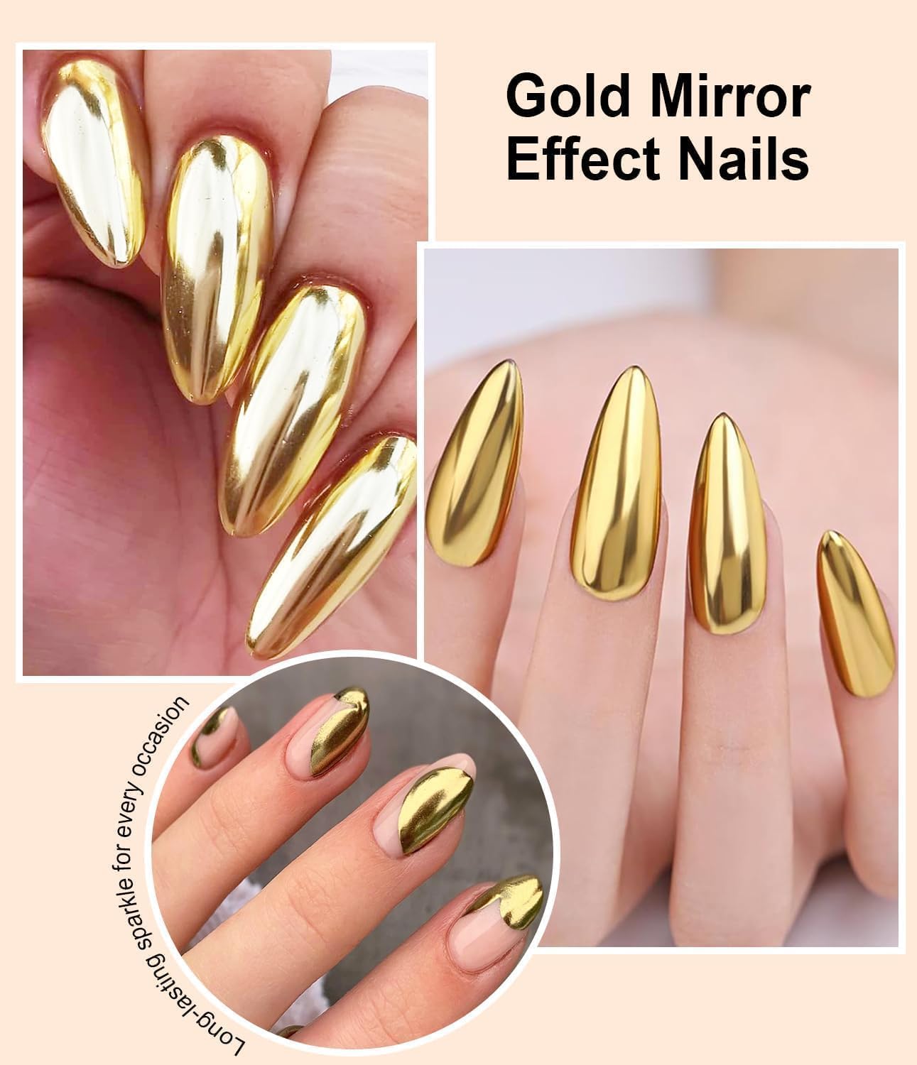 Chrome Nail Powder BISHENGYF - 6 Colors Rose Gold White Orange Metallic Effect Mirror Powder for Nails Aurora Iridescent Pearlescent Chrome Powder for Nails Art DIY Decoration