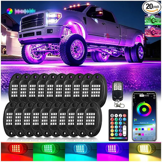 20Pods RGB LED Rock Lights Kit with APP/RF Remote Control, Segmented Multicolor Underglow Accent Light Exterior Music Mode Waterproof 12V for Trucks Pickup Dually Truck Off-Road