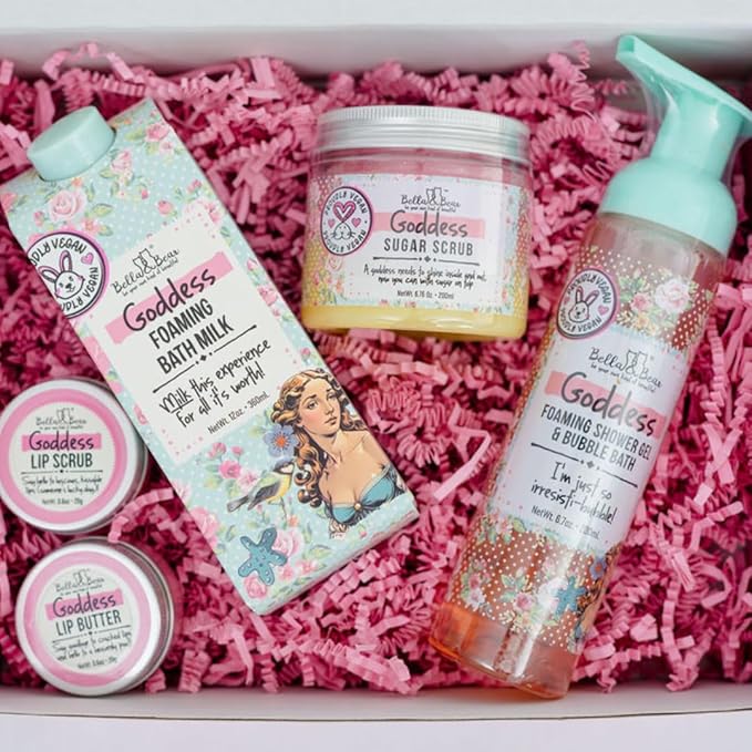 Bella & Bear Goddess Mega Bath & Body Gift Set with Foaming Shower Gel & Bubble Bath, Bath Milk, Body Scrub & Lip Scrub and Lip Butter - Gift for Women for Easter gifts or Mothers Day basket.
