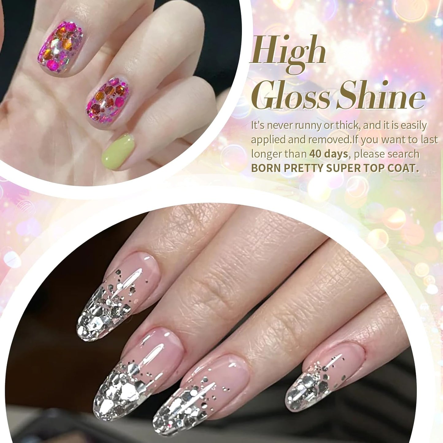Born Pretty Glitter Gel Nail Polish with Sequins, 6 Pcs Gold Silver Purple Green Blue Hot Pink Long Lasting Sparkly Shiny U V Gel Polish Set for Manicure and Nail Art, DIY at Home, Salon-Quality 7ml