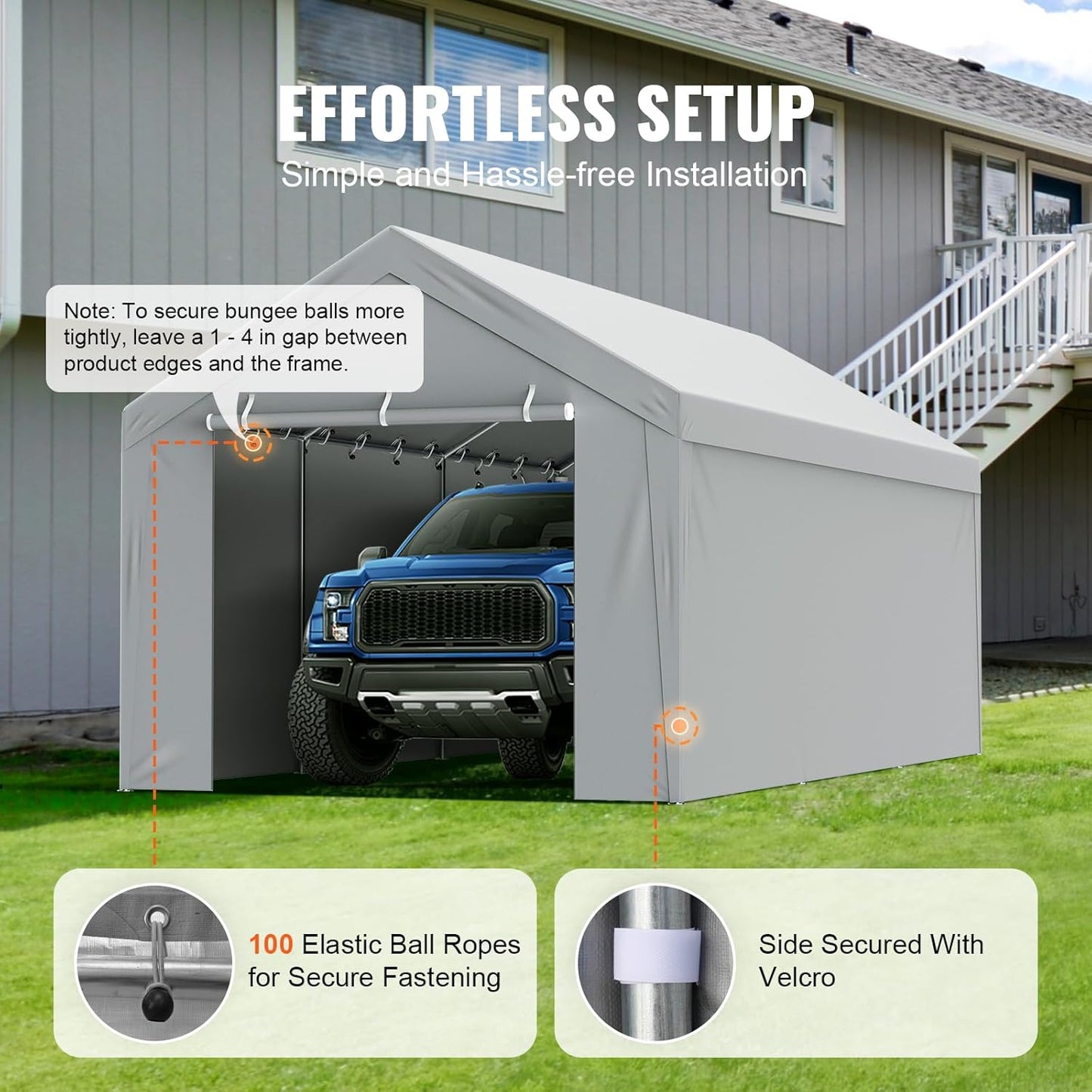 VEVOR Carport Replacement Canopy Cover Top + Side Wall 13 x 20 ft, Garage Tent Shelter Tarp Heavy-Duty Waterproof & UV Protected, Easy Installation with Ball Bungees,Grey (Frame Not Included)