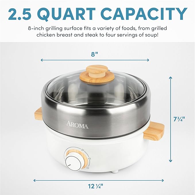 Aroma Housewares AMC-130 Whatever Pot, Indoor Grill, Cooking, Hot Pot with Glass Lid, Bamboo Handles, 2.5L, Stainless Steel/White