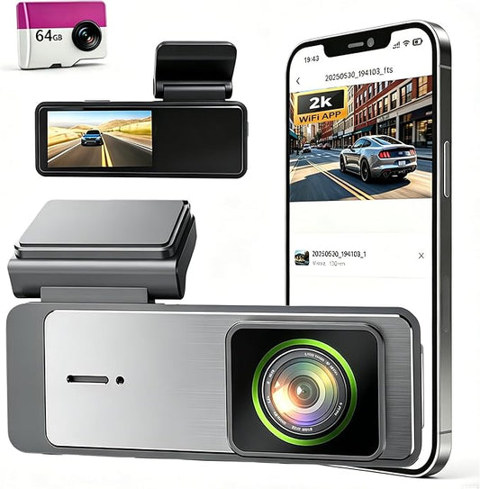 2K Mini Dash Cam Front, 1296P HD Car Camera with 1.97'' Touch Screen, 64GB SD Card Included, 145° Wide Angle Night Vision, G-Sensor Loop Recording, Supports 128GB Max