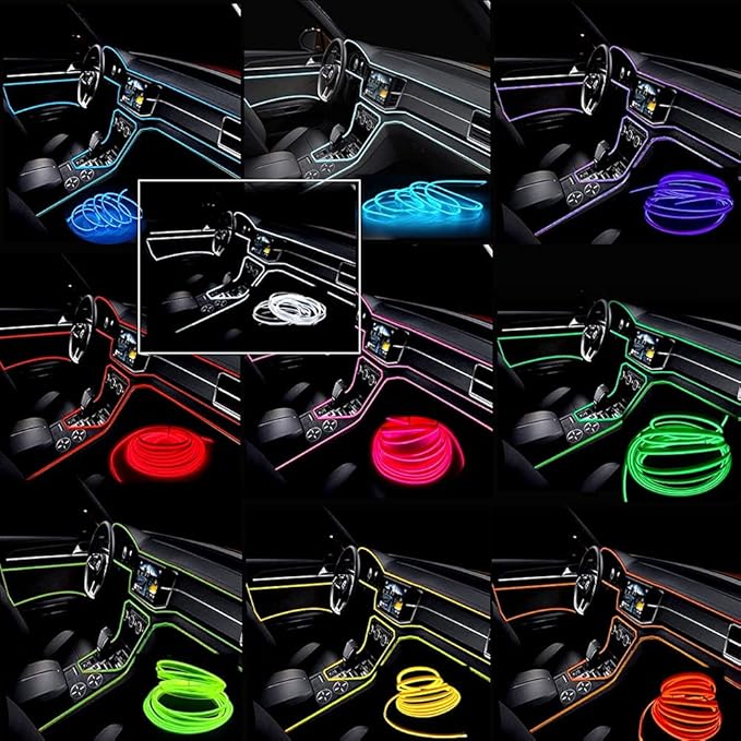 MaxLax Green LED Neon Car Interior Lighting Strip - 3 Meter Flexible 12V EL Wire with Built-in Fuse Protection for Automotive Interior Customization, Featuring 6mm Sewing Trim for Easy Installation.