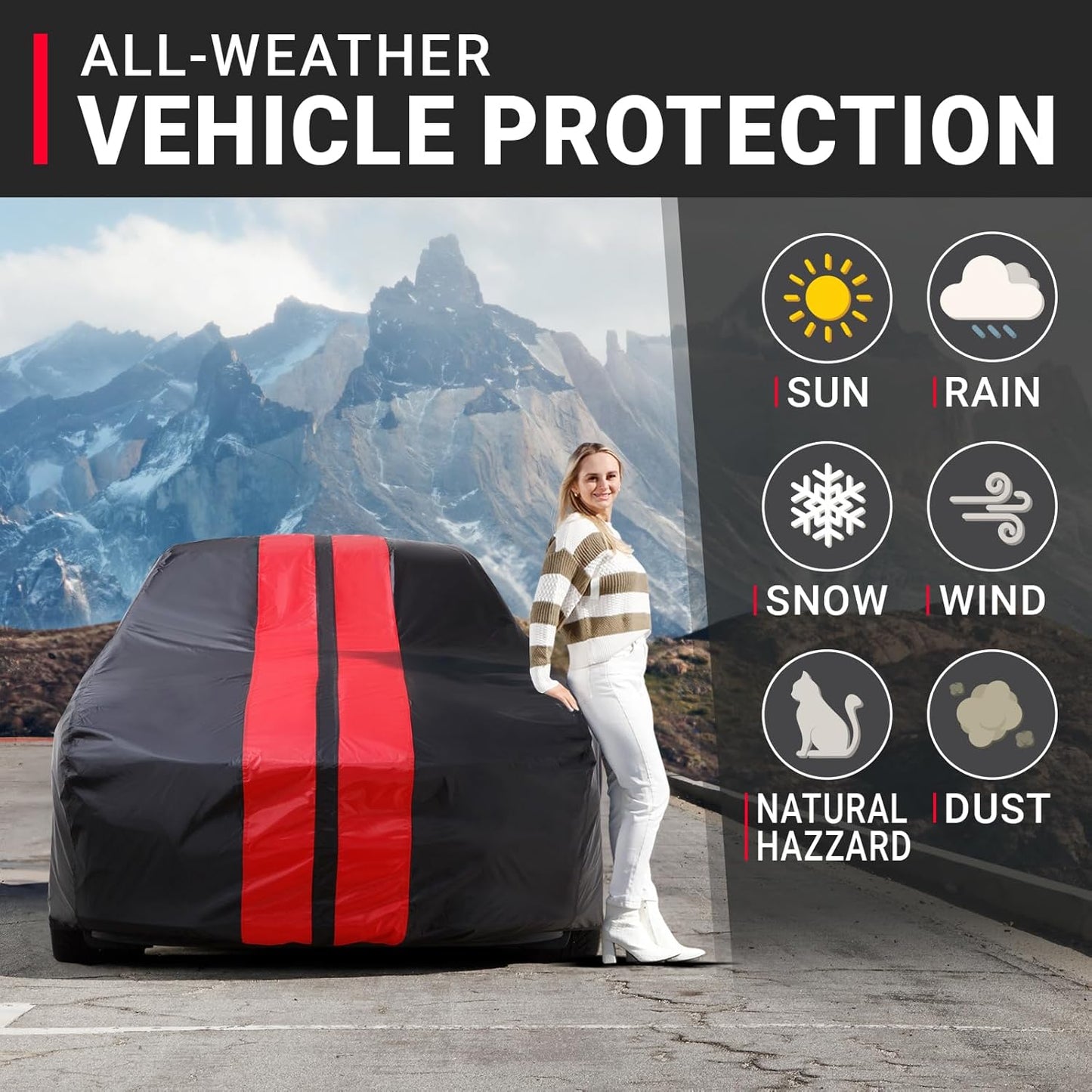 iCarCover Custom Car Cover for Chevy 150, 210 2-Door, 4-Door (1957) Waterproof All-Weather Rain Snow UV Sun Protector Full Exterior Indoor Outdoor Car Cover (Stripe - Black/Red)