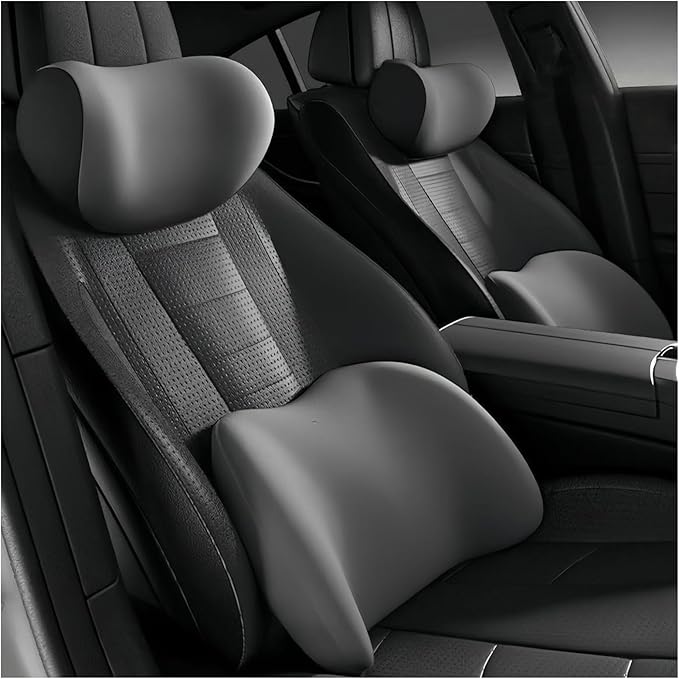 Car Lumbar Support Pillow and Car Neck Pillow Kit for VW Taos 2021 2022 2023 2024 2025 2026, Car Seat Neck Back Rest Pillows, Ergonomic Car Seat Headrest & Lumbar Cushion,B Grey