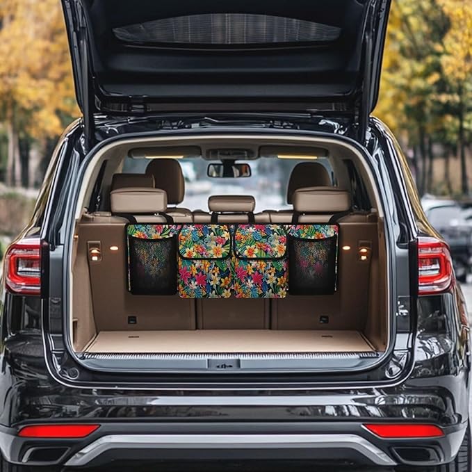 Colorful Tropical Flower Car Trunk Organizer, Large Capacity Auto Backseat Hanging Storage Bag with Adjustable Strap & 4 Pockets, Car Back Seat Cargo Bag, Car Interior Accessories