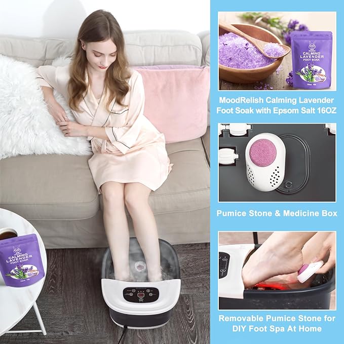 Foot Spa Bath Massager with Heat Bubbles and Vibration Massage and Jets, 16 OZ Calming Lavender Foot Soak Epsom Salt, Foot Soaker with Red Light, 22 Massage Rollers, Adjustable Temp - Grey