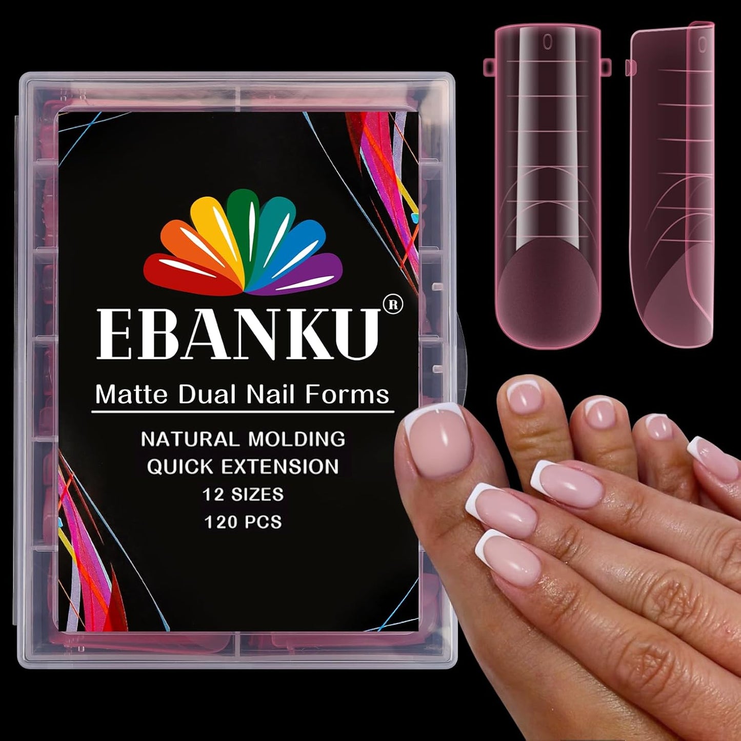 Poly Gel Dual Nail Forms for Finger and Toes, EBANKU Long Square Pink Flat Nail Molds Extension Tips Reusable for Women, 120Pcs 12 Sizes
