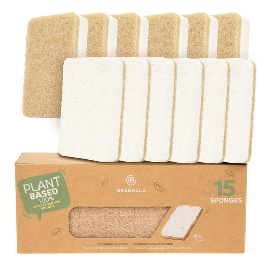 Greenzla Kitchen Sponges, Odor Free Plant-Based Dish Sponges, Non-Scratch Sisal Hemp Scouring Pads for Dishes, Countertops, Bathtubs, and Tiles, 6 Pack