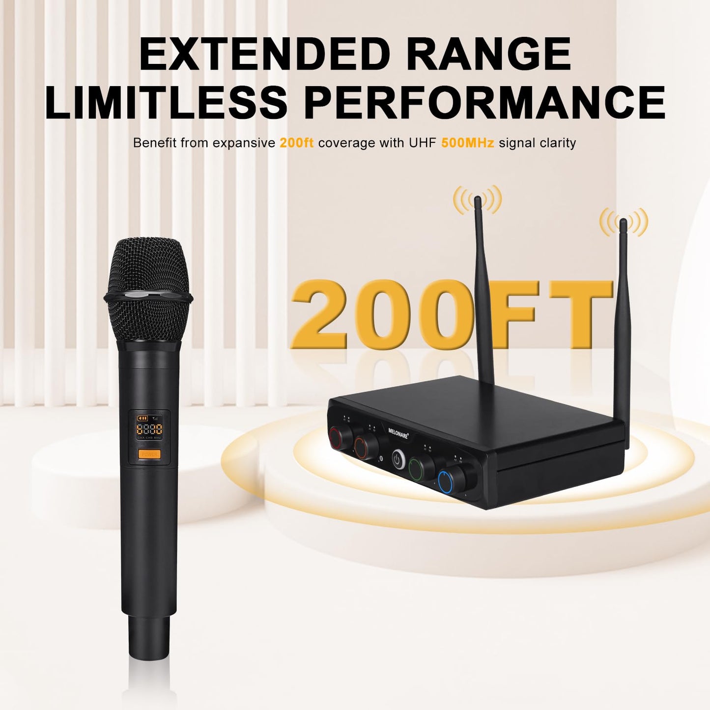 MELONARE 4-Channel Wireless Microphone System, UHF Compact Cordless Mic Set w/ 4x10 Frequencies, 200ft Range, Dynamic Handheld Microphone for Singing, Karaoke, Church, DJ, Wedding (MWM-41-4H)