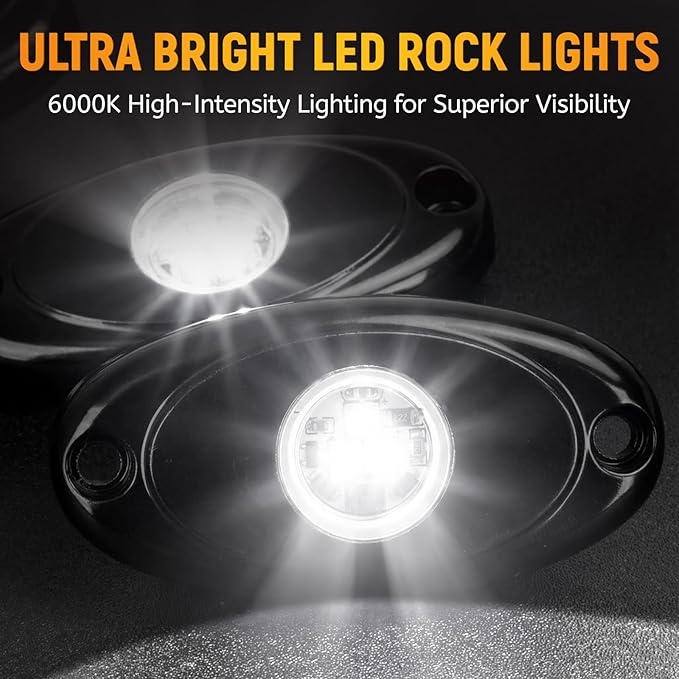 YONEDA 8 Pods White Rock Lights 6000K Ultra Bright LED Neon Underglow Lights IP68 Waterproof for Trucks SUV UTV ATV RZR Car Boats Pickup Motorcycle with 32.8ft Extension Wire