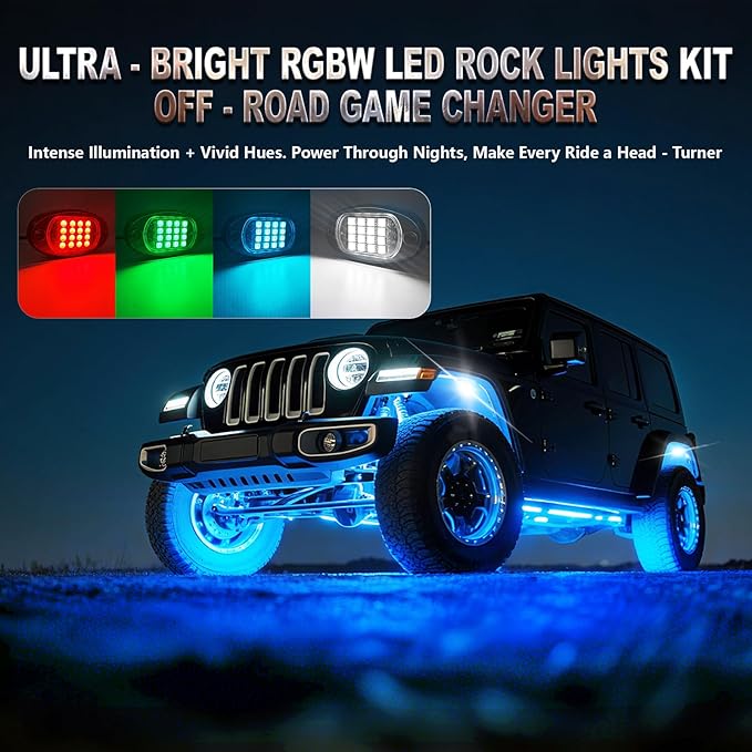 12 Pods RGBW LED Rock Lights Full Kit, 6500K Pure White (Not Mixed) & RGB Underglow for Truck Jeeps Golf Cart ATV UTV RZR Pickup, App/RF Remote Smart Brake Music Sync, Waterproof Offroad Underbody 12V