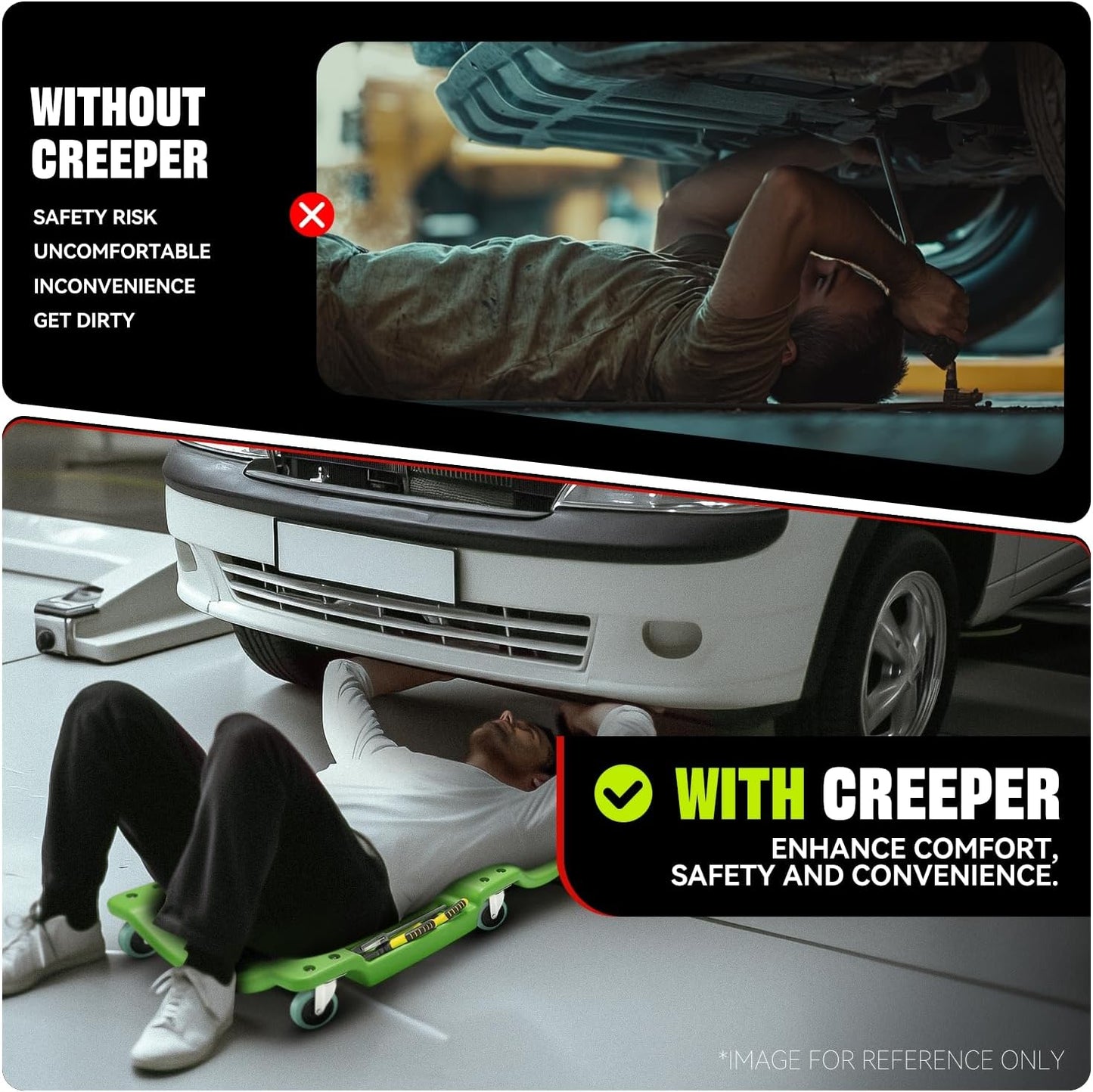 Auto Dynasty 40 Inches Mechanic Creeper, Automotive Garage Repair Low Profile Under Car Rolling Creeper with Padded Headrest, Plastic, Green