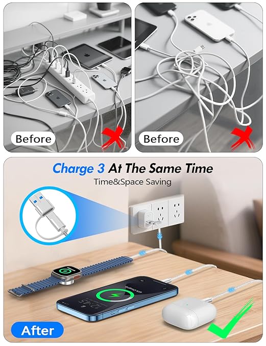 2 Pack Multi Charging Cable Cord for Travel Essentials,Apple Watch Charger,iPhone Charger,[3-in-2] Type C/L Cable Portable Designed for iWatch,iPhone 17-8,Galaxy S25-21,AirPods,iPad-4FT White