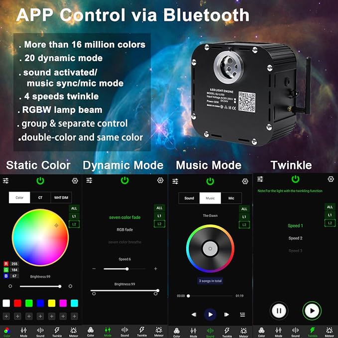 AZIMOM High Brightness 50W 800pcs Twinkle Fiber Optic Starlight Kits End Glow 0.03in 13.1ft Fiber Strands Sound Activated Bluetooth/APP Remote Control Car Headliner Theater Ceiling Home Lobby