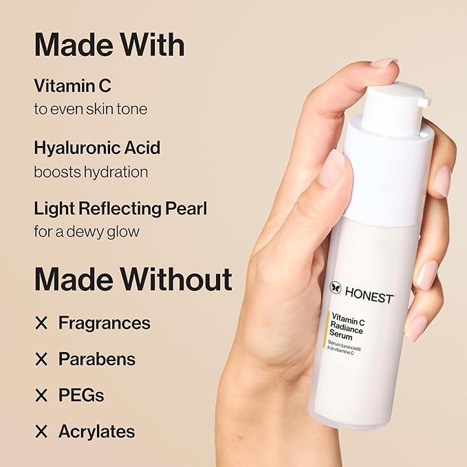 Honest Beauty Vitamin C Radiance Serum | Improves + Brightens Skin Tone and Complexion | Gentle for Sensitive Skin, Fragrance Free, Vegan | 1 fl oz