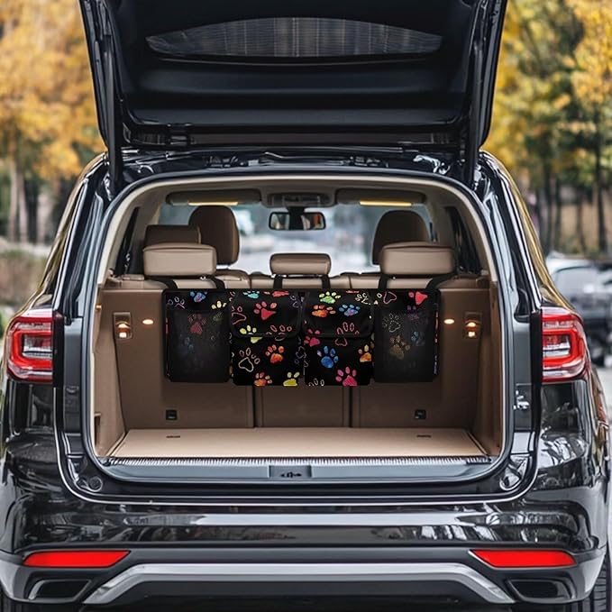 Rainbow Dog Paw Print Car Trunk Organizer Trendy Back of Seat Car Organizer for SUV,Truck,Van Trunk Storage Bag Hanging Cargo Bag