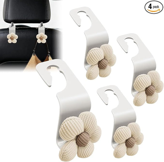 4PCS Car Headrest Hooks, Purse Hook for Car, Cute Flower Auto Backseat Organizer Hanger for Purse Grocery Bag Coat, Auto Seat Back Organizer Storage Hanger Holder Fit Vehicles (White/Beige)
