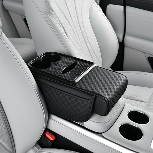 Car Center Console Armrest Pad, Arm Rest Box Cushion with Ergonomic Height Boost, Storage Pockets, Built-in Tissue Box, Cupholder, Fit for Most Sedan Vehicles (Embossing Checkerboard, Black)