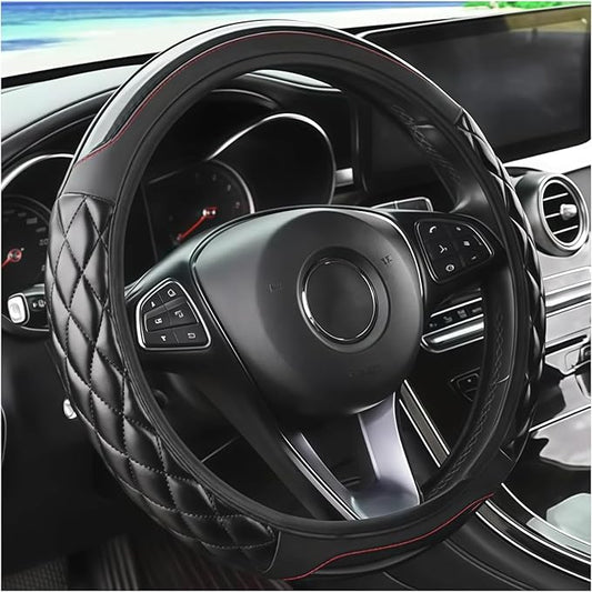 Carbon Fiber Car Steering Wheel Cover, Leather Breathable Non-Slip 14.5-15 Inch Vehicle Steering Wheel Protector, Auto Interior Protection Accessories, Universal for SUV Sedan Truck(Black)