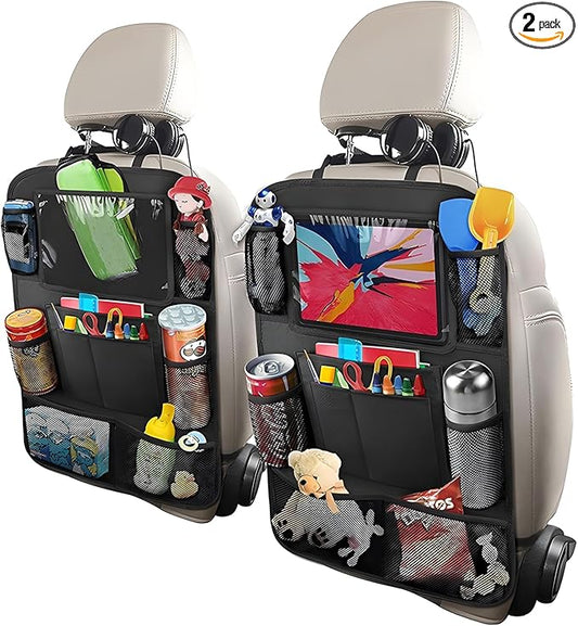 2PCS Car Backseat Organizer, Multi-Pocket Back Seat Protector with 10.2" Tablet Holder, Waterproof Oxford Fabric Storage Bag Auto Kick Mat for Kids Toddlers (A Regular Style)