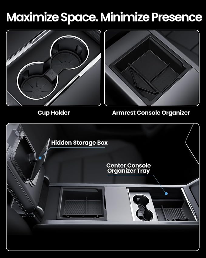 REEVAA Center Console Organizer for Tesla Model Y Juniper 2025-2026 (Premium & Performance), Model 3 Highland 2024-2026 All Trims [Dual-Tier Storage, Seamless Fit], Premium Silicone Liner, 4PCS, Black