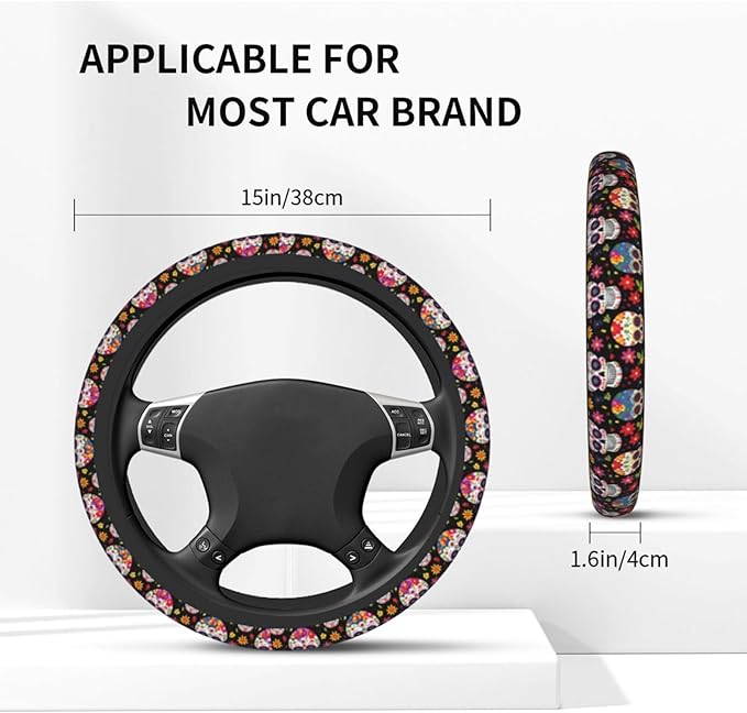 Skull Cute Steering Wheel Cover Non-Slip Breathable Sweat-Absorbent Suitable for SUV Van Truck Car Universal Protection Accessories 15 Inch Suitable for Women Men