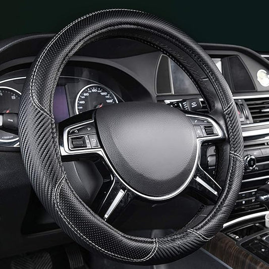 CAR-GRAND Carbon Fiber Steering Wheel Cover, Premium Breathable Leather Sporty Wheel Protection Interior Accessories Standard Size[14" 1/2-15"] Unviersal Fit for Truck SUV Sedans Vans, Black Leather