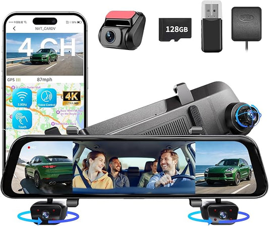 2026 4K Mirror Dash Cam 4 Channel, 12" Touch Screen Rear View Mirror Camera for Cars,4K+1080Px3 Dashcam Front Rear Inside, IR Night Vision,WiFi,APP,GPS, Voice Control,Free 128GB SD