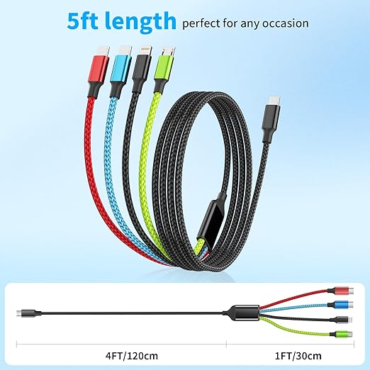 USB C Multi Charging Cable, Dual USB C 4 in 1 Charging Cable, Multi Chargers for All Devices with IP/Type C/Type C/Micro Port, Compatible with Most Cell Phones/Tablets and More [2Pack 5FT]