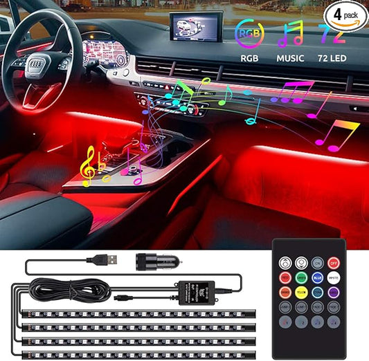 Car Interior Lights 72 LEDs, 4X Car LED Strip Lights Including Cigarette Charger, LED RGB Floor Car Lights with Music Changing Remote Control Decorative Atmosphere Ambient Lighting Kits